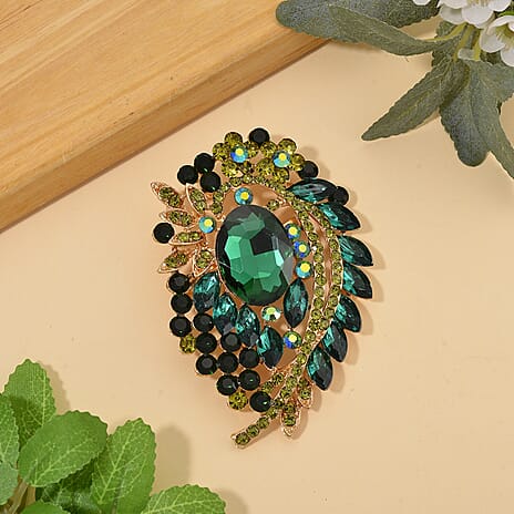 Austrian Green Crystal & Green Magic Colour Crystal Brooch Cum Pendant in Gold Tone