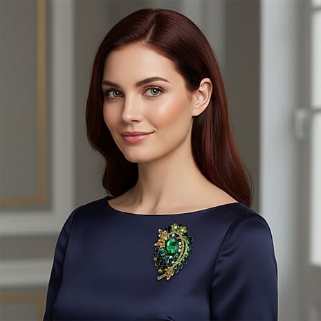 Austrian Green Crystal & Green Magic Colour Crystal Brooch Cum Pendant in Gold Tone