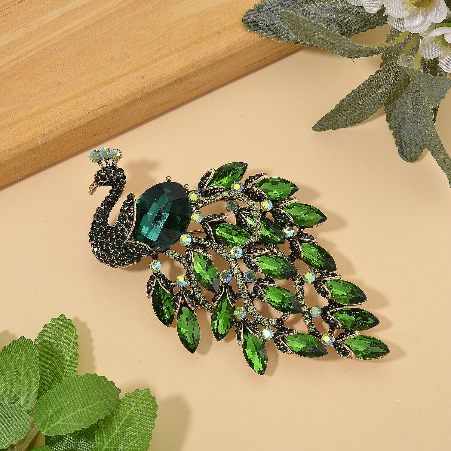 Austrian Green Crystal & Green Magic Color Crystal Peacock Brooch