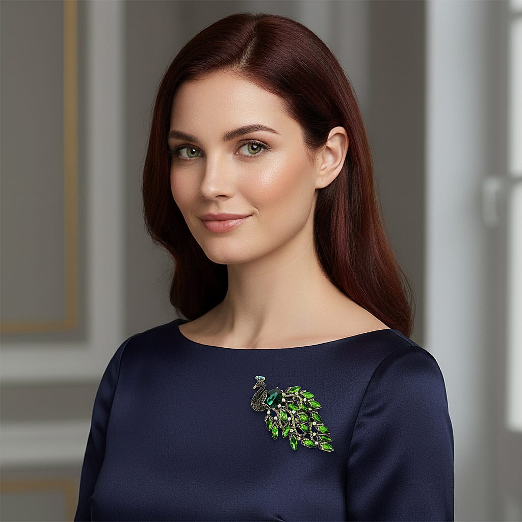 Austrian Green Crystal & Green Magic Color Crystal Peacock Brooch