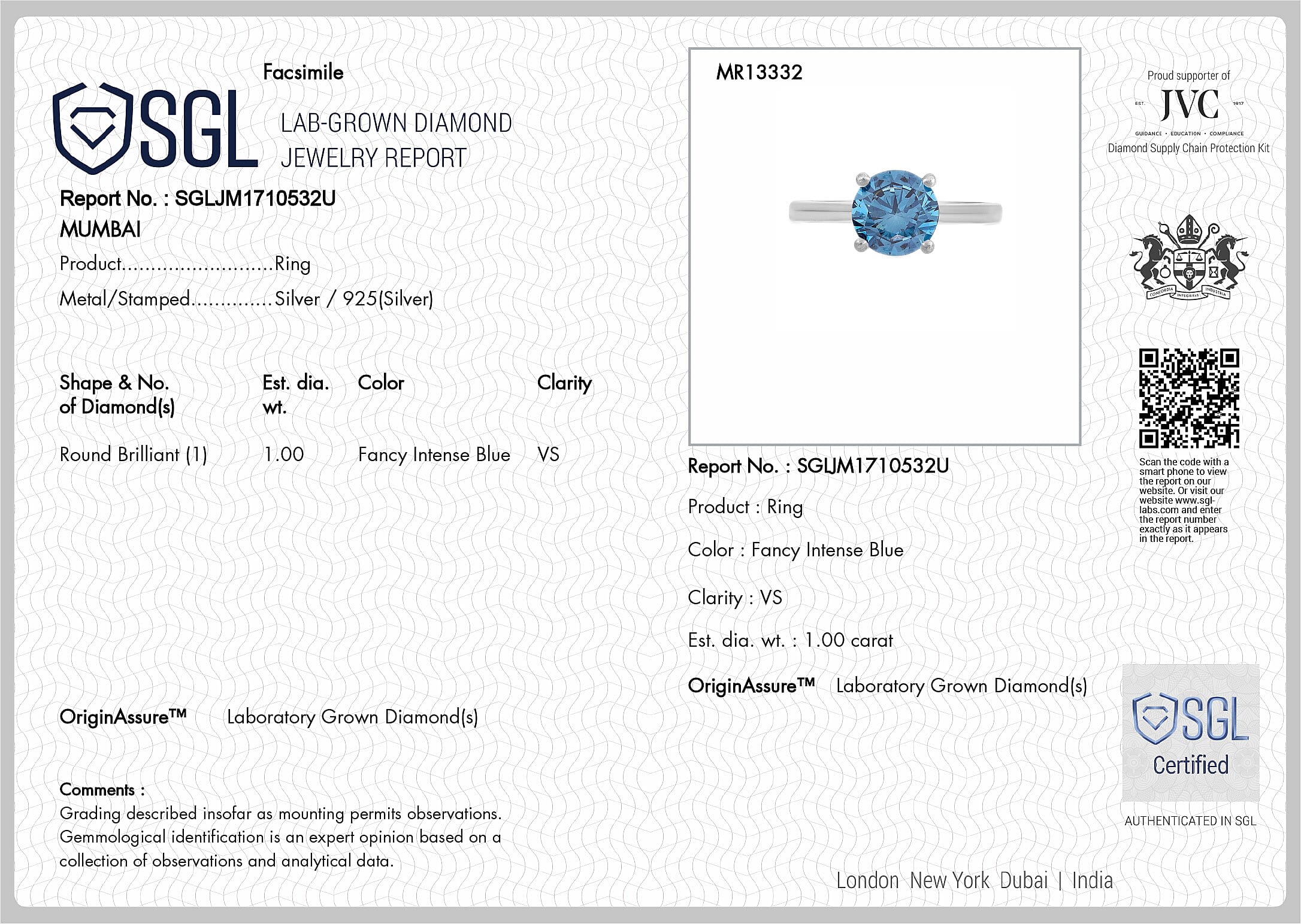 Luxuriant Lab Grown Blue Diamond SGL Certified (VS INTENSE BLUE) Solitaire Ring in Rhodium Overlay Sterling Silver 1.00 Ct.