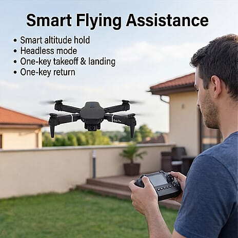 E88 Black Foldable Drone - Dual Camera, Optical Flow, 1800 mAh Battery - 3D Rolls - Black