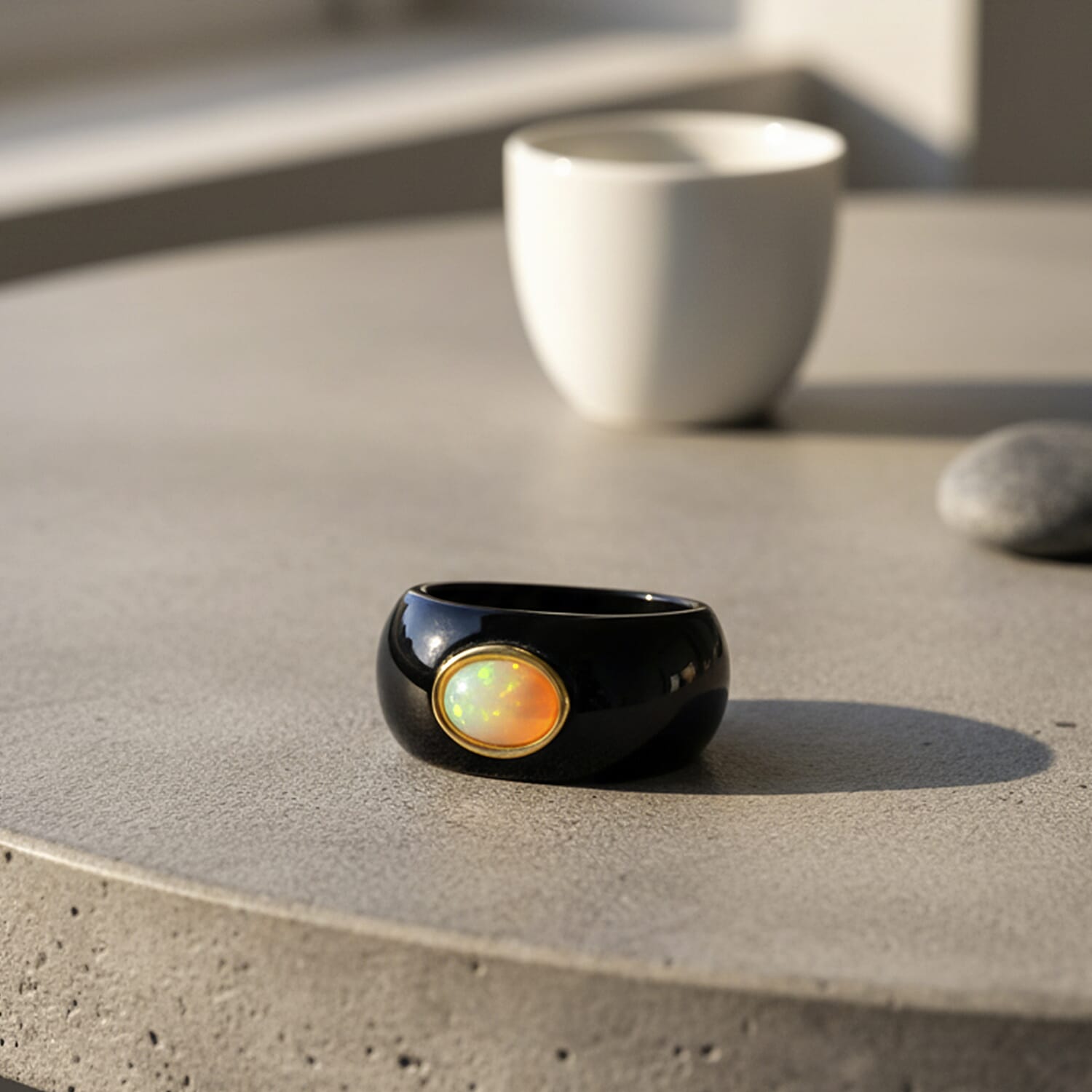 D'Joy Ethiopian Opal & Boots Black Jade Ring in Yellow Gold Plated Sterling Silver 37.94 Ct.