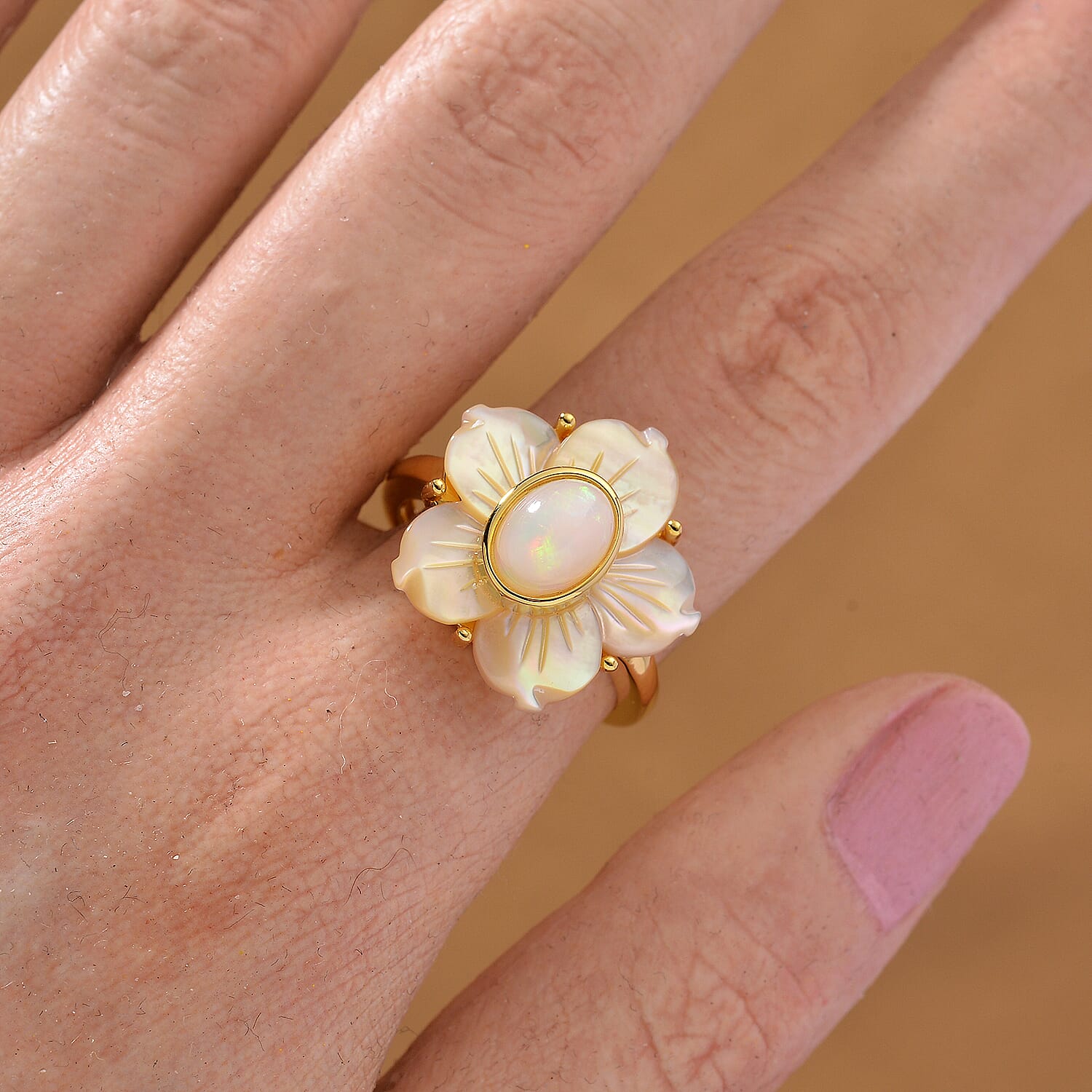 D'joy Ethiopian Opal & Yellow Mother Of Pearl Flower Ring in Yellow Gold Plated Sterling Silver 6.23 Ct.