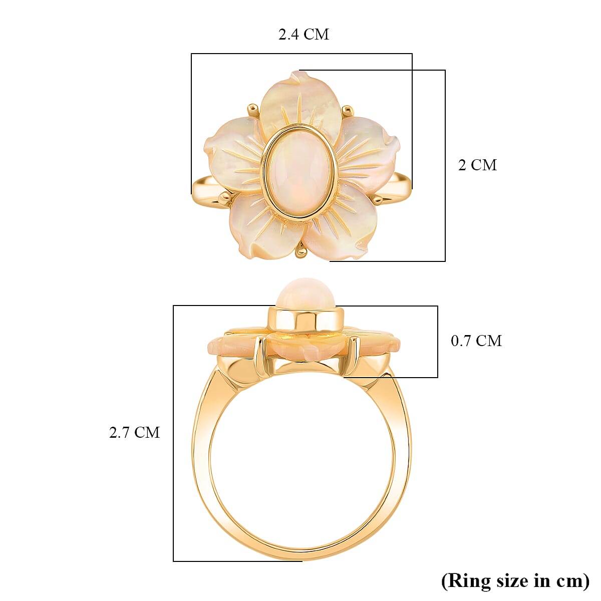 D'joy Ethiopian Opal & Yellow Mother Of Pearl Flower Ring in Yellow Gold Plated Sterling Silver 6.23 Ct.
