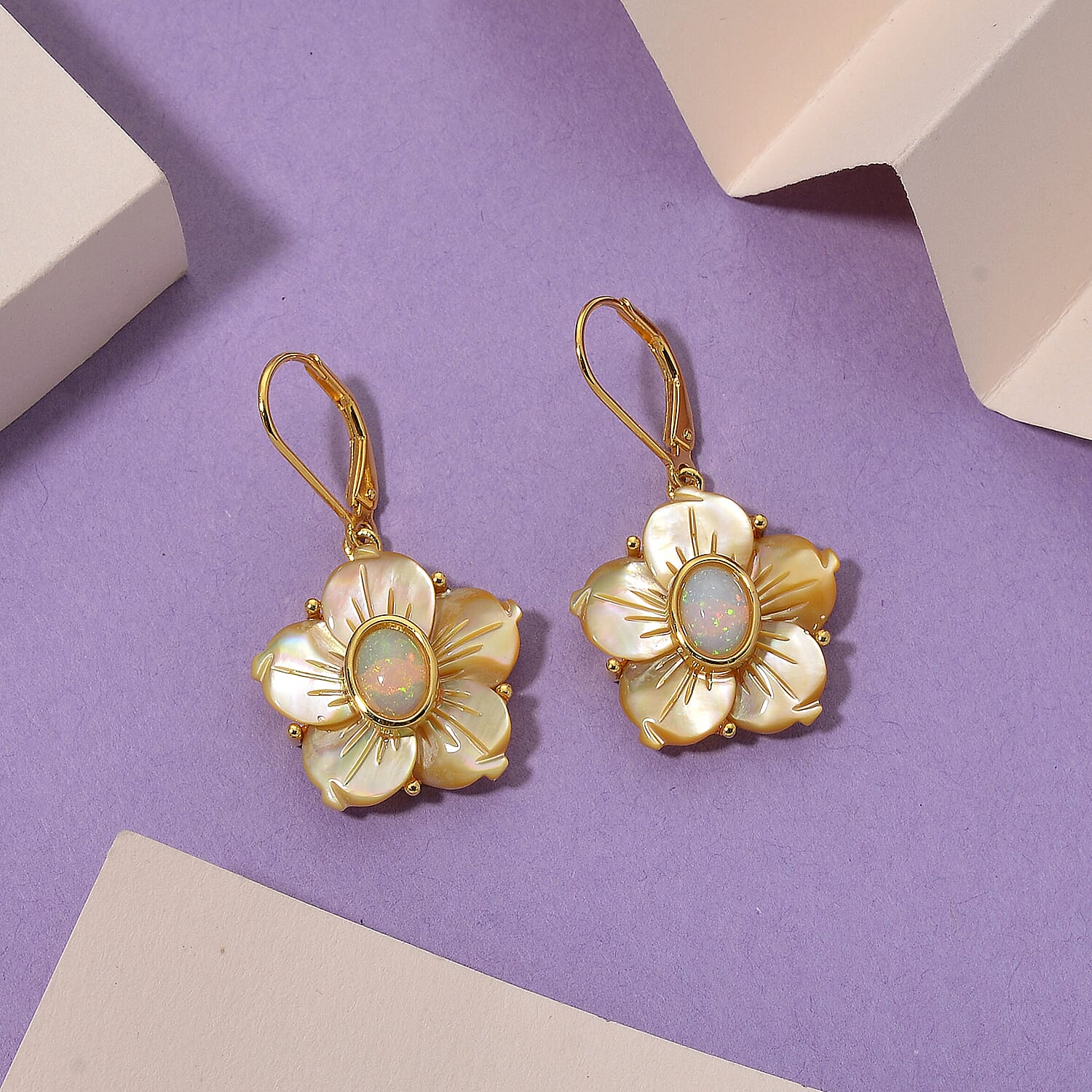D'Joy Ethiopian Opal & Yellow Mother Of Pearl Flower Earring in Yellow Gold Plated Sterling Silver  12.30 Ct.