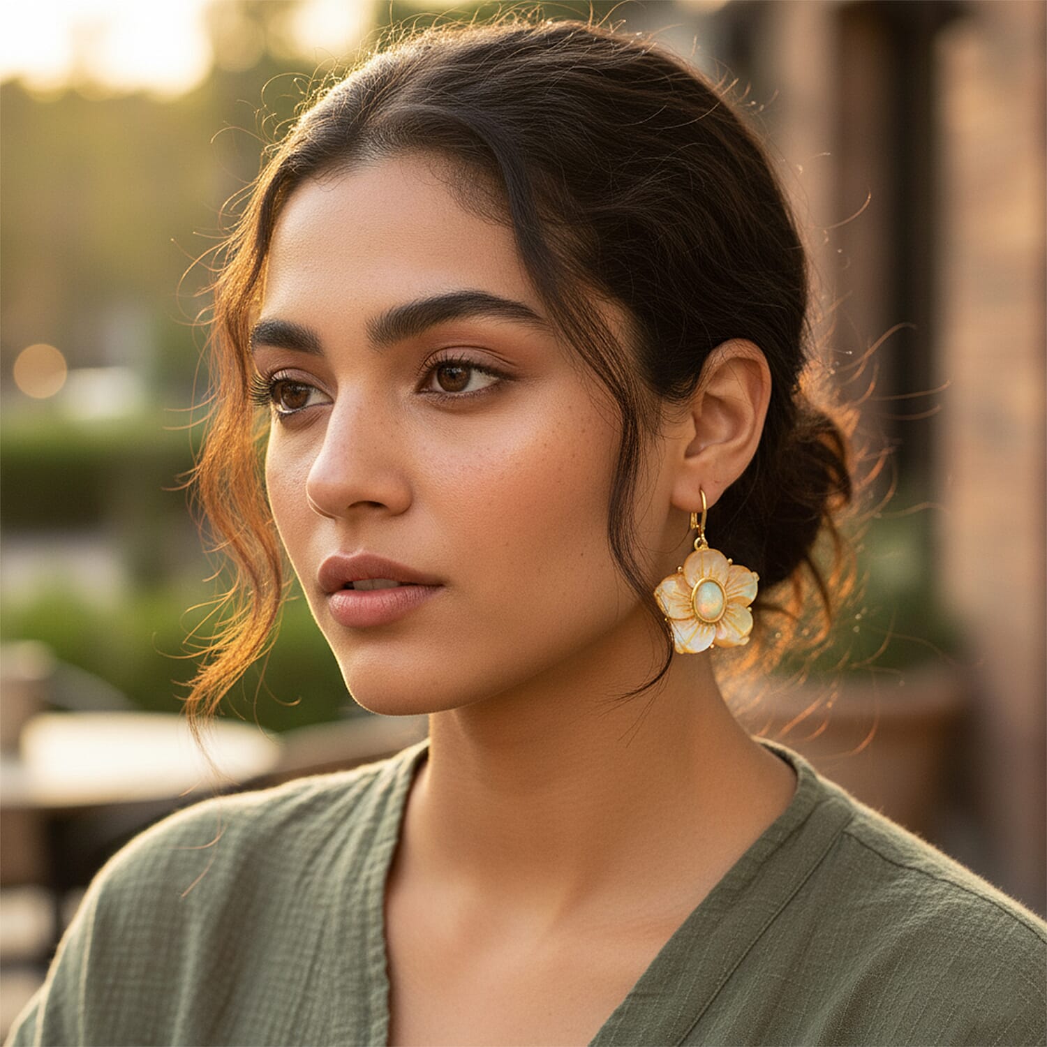 D'Joy Ethiopian Opal & Yellow Mother Of Pearl Flower Earring in Yellow Gold Plated Sterling Silver  12.30 Ct.