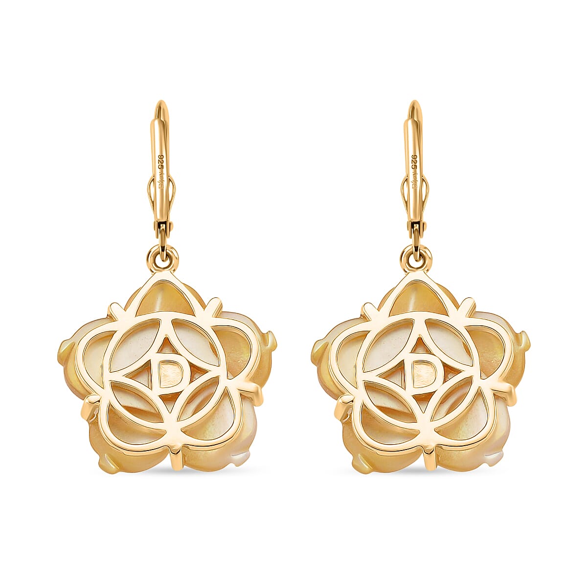D'Joy Ethiopian Opal & Yellow Mother Of Pearl Flower Earring in Yellow Gold Plated Sterling Silver  12.30 Ct.
