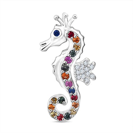 Rainbow Sapphire & White Zircon Sea Horse Pendant in Rhodium Overlay Sterling Silver