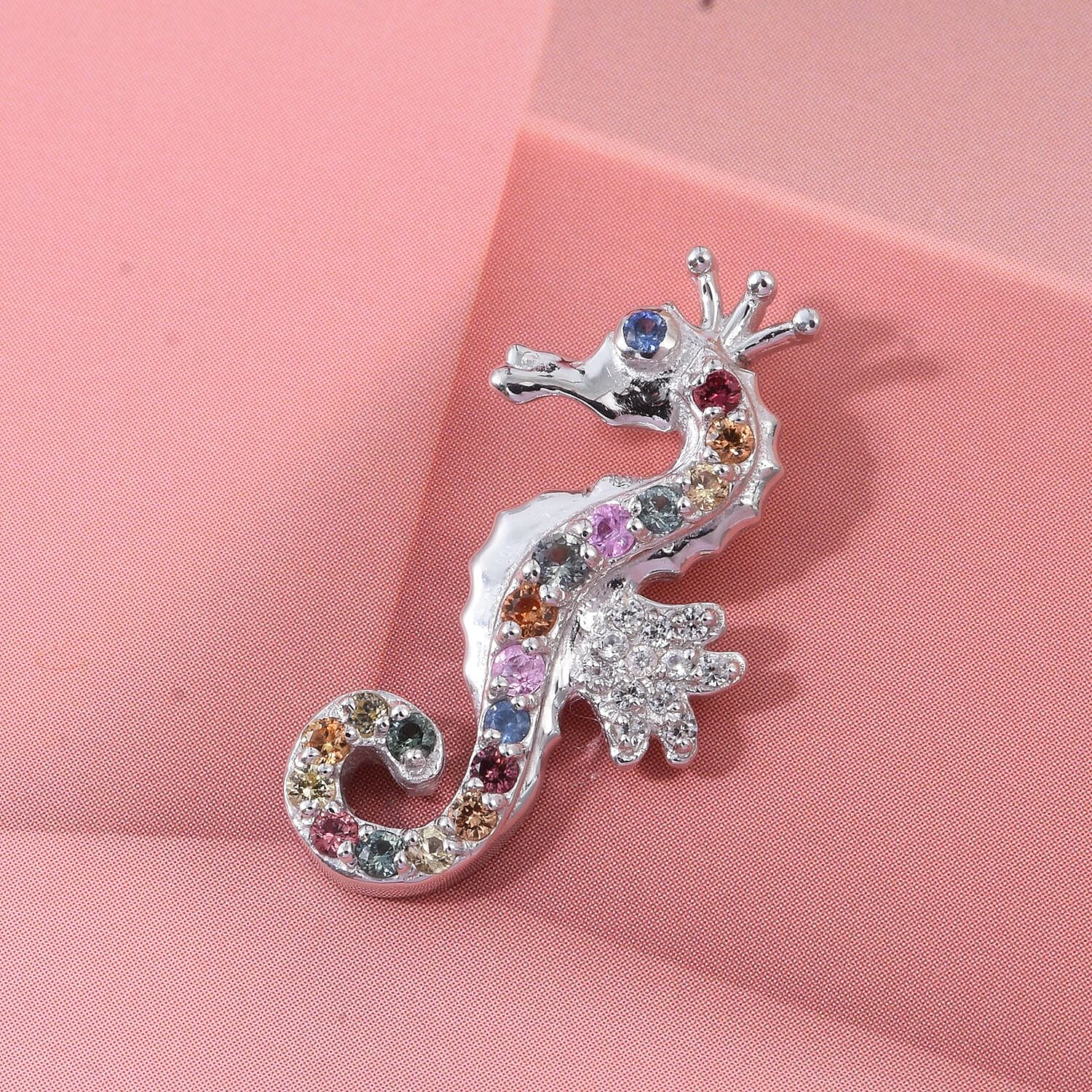 Rainbow Sapphire & White Zircon Sea Horse Pendant in Rhodium Overlay Sterling Silver