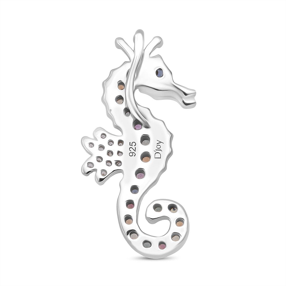 Rainbow Sapphire & White Zircon Sea Horse Pendant in Rhodium Overlay Sterling Silver
