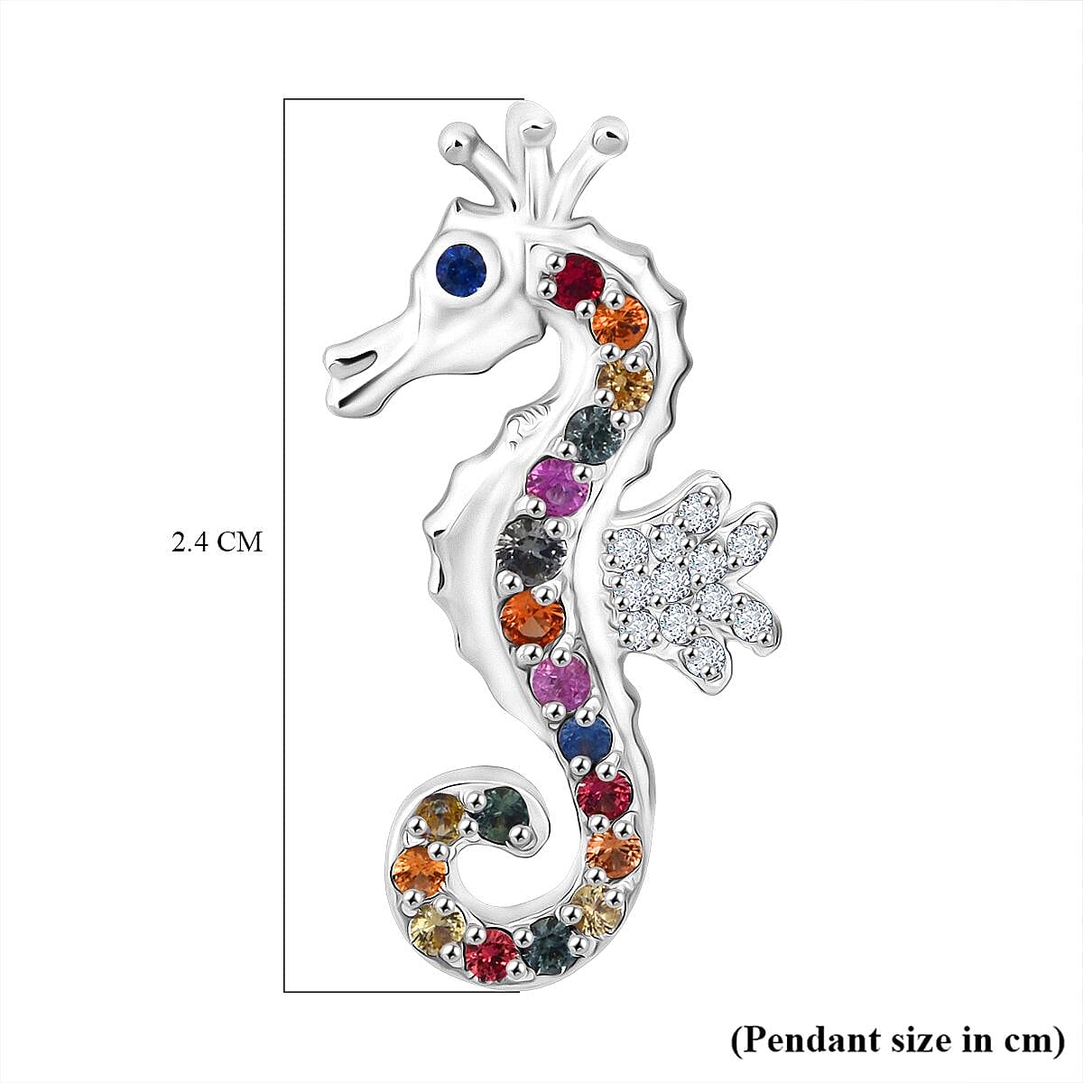 Rainbow Sapphire & White Zircon Sea Horse Pendant in Rhodium Overlay Sterling Silver
