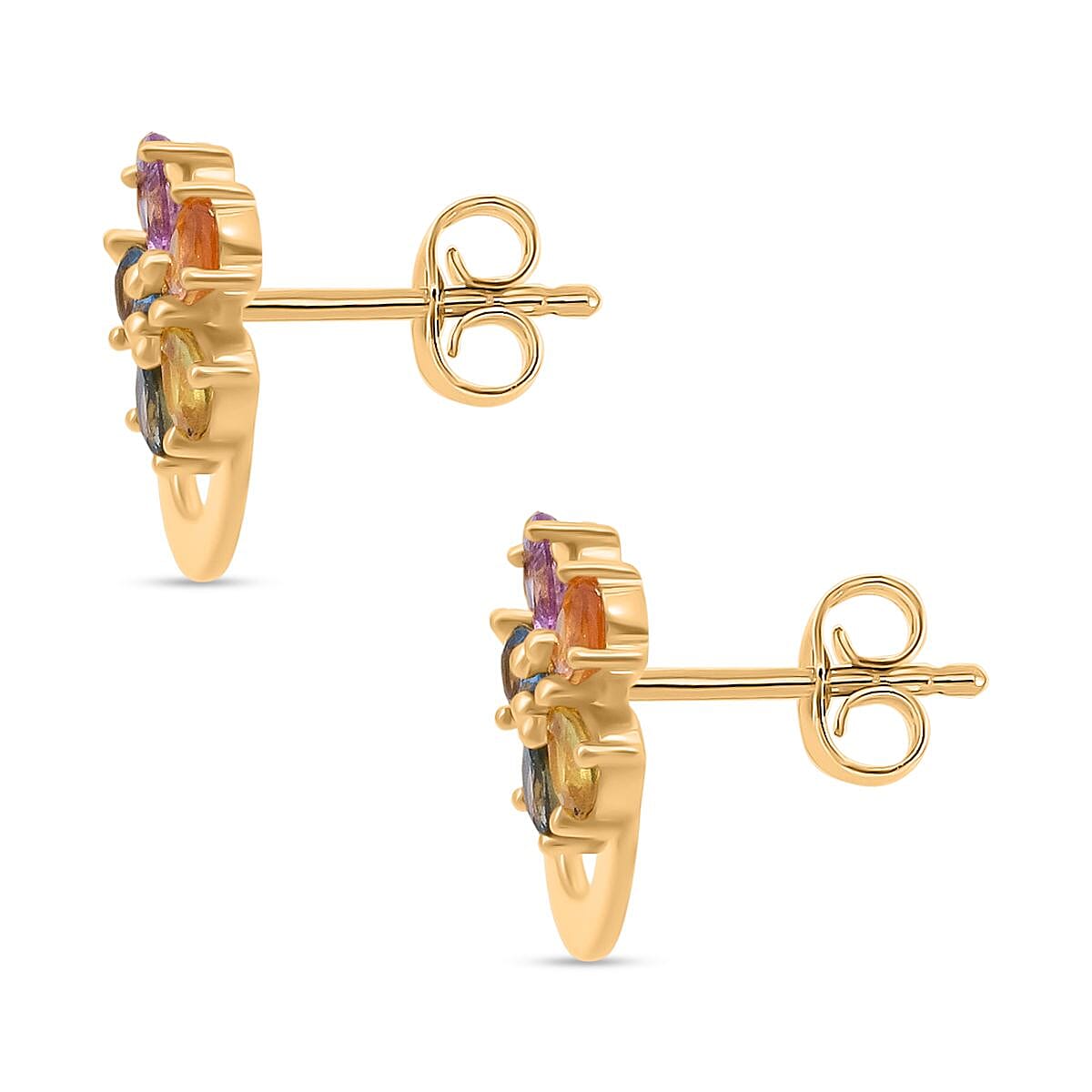 Rainbow Sapphire Earring with Push Back in Yellow Gold Plated Sterling Silver 1.90 Ct.