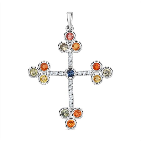 Rainbow Sapphire & White Zircon Pendant in Rhodium Overlay Sterling Silver 3.57 Ct, Silver Wt. 5.90 Gms.