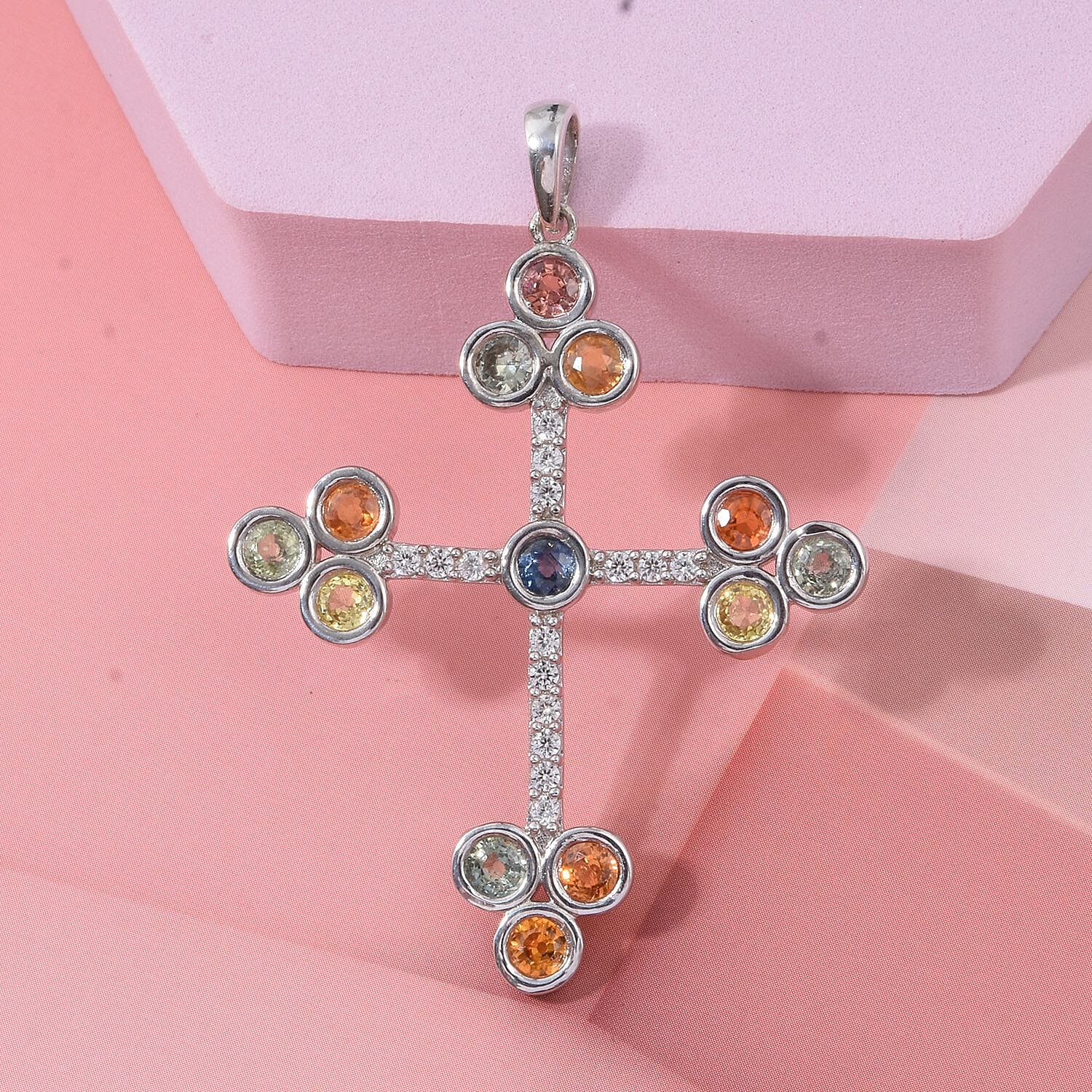 Rainbow Sapphire & White Zircon Pendant in Rhodium Overlay Sterling Silver 3.57 Ct, Silver Wt. 5.90 Gms.