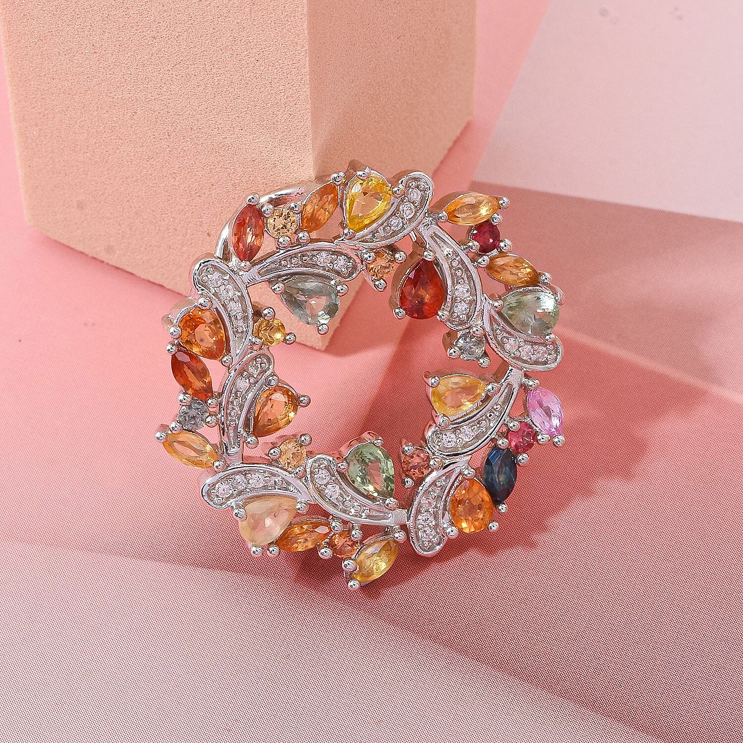 D'joy Rainbow Sapphire & White Zircon Pendant in Rhodium Overlay Sterling Silver 3.65 Ct, Silver Wt. 6.20 Gms.