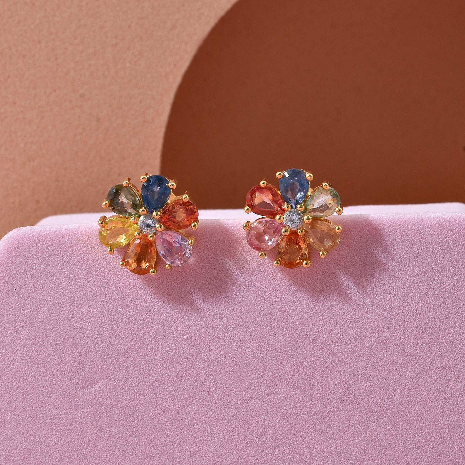 Rainbow Sapphire & White Zircon Earring with Push Back in Yellow Gold Plated Sterling Silver 2.39 Ct.