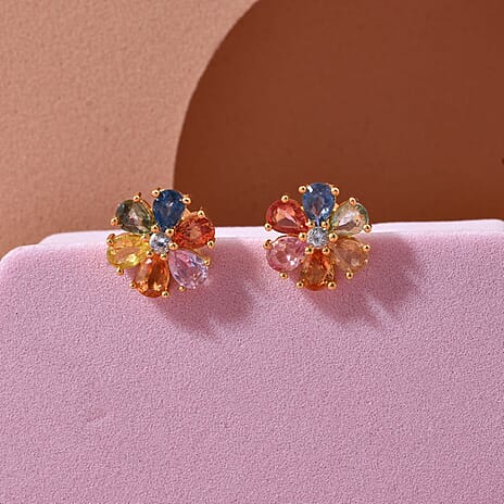 Rainbow Sapphire & White Zircon Earring with Push Back in Yellow Gold Plated Sterling Silver 2.39 Ct.