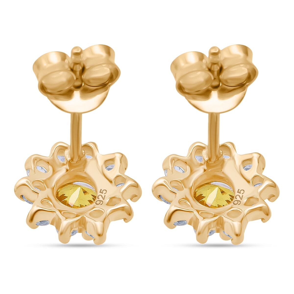Yellow Sapphire & White Zircon Earring with Push Back in Yellow Gold Plated Sterling Silver 1.11 Ct.