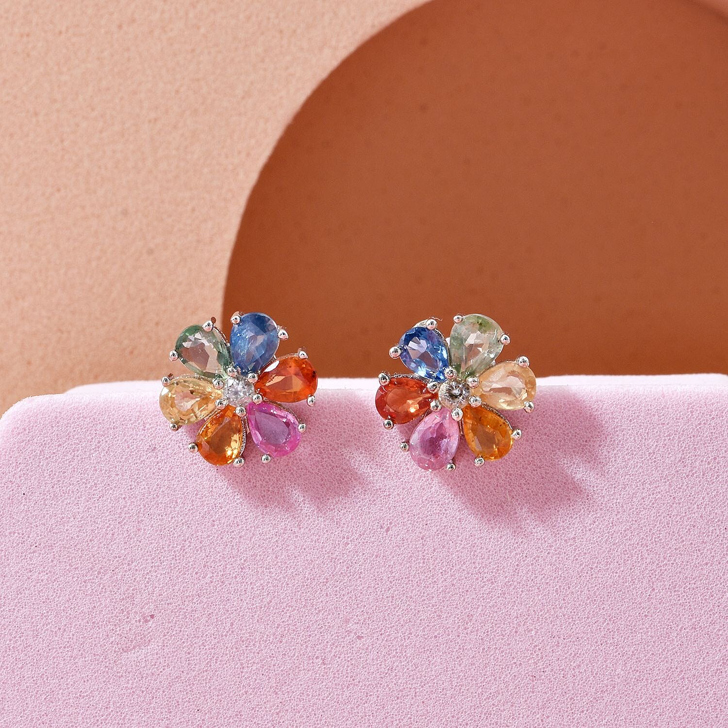 D'joy Multi Sapphire & White Zircon Earring with Push Back in Rhodium Overlay Sterling Silver 2.39 Ct.