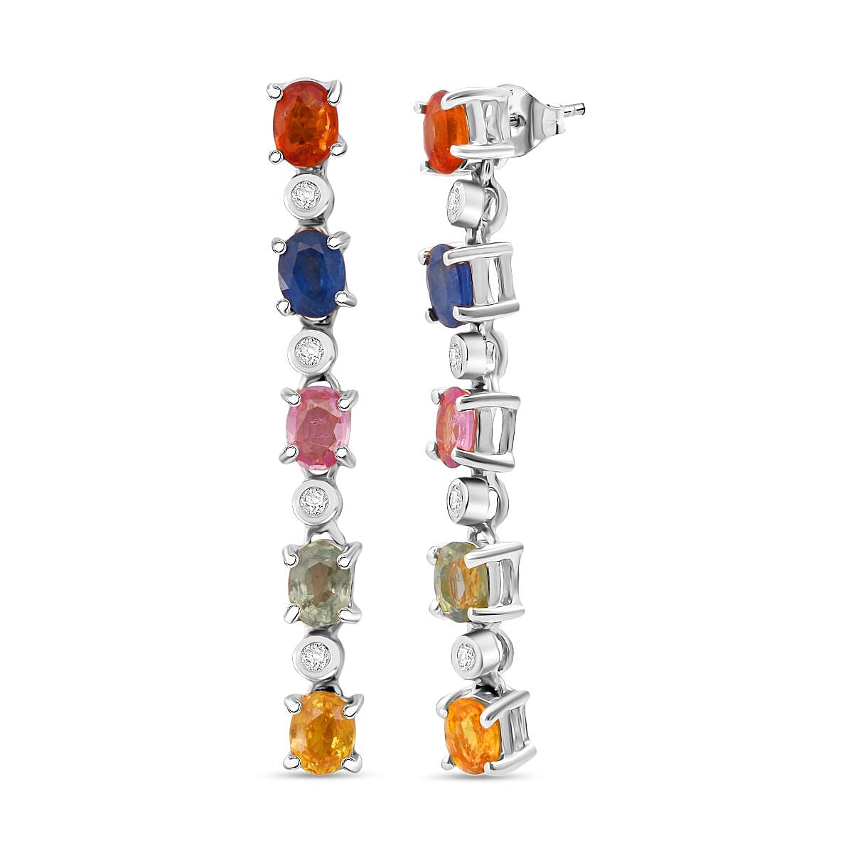 Rainbow Sapphire & White Zircon Earring with Push Back in Rhodium Overlay Sterling Silver 2.62 Ct.