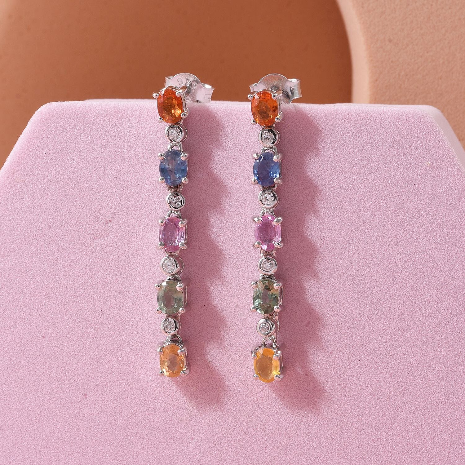 Rainbow Sapphire & White Zircon Earring with Push Back in Rhodium Overlay Sterling Silver 2.62 Ct.