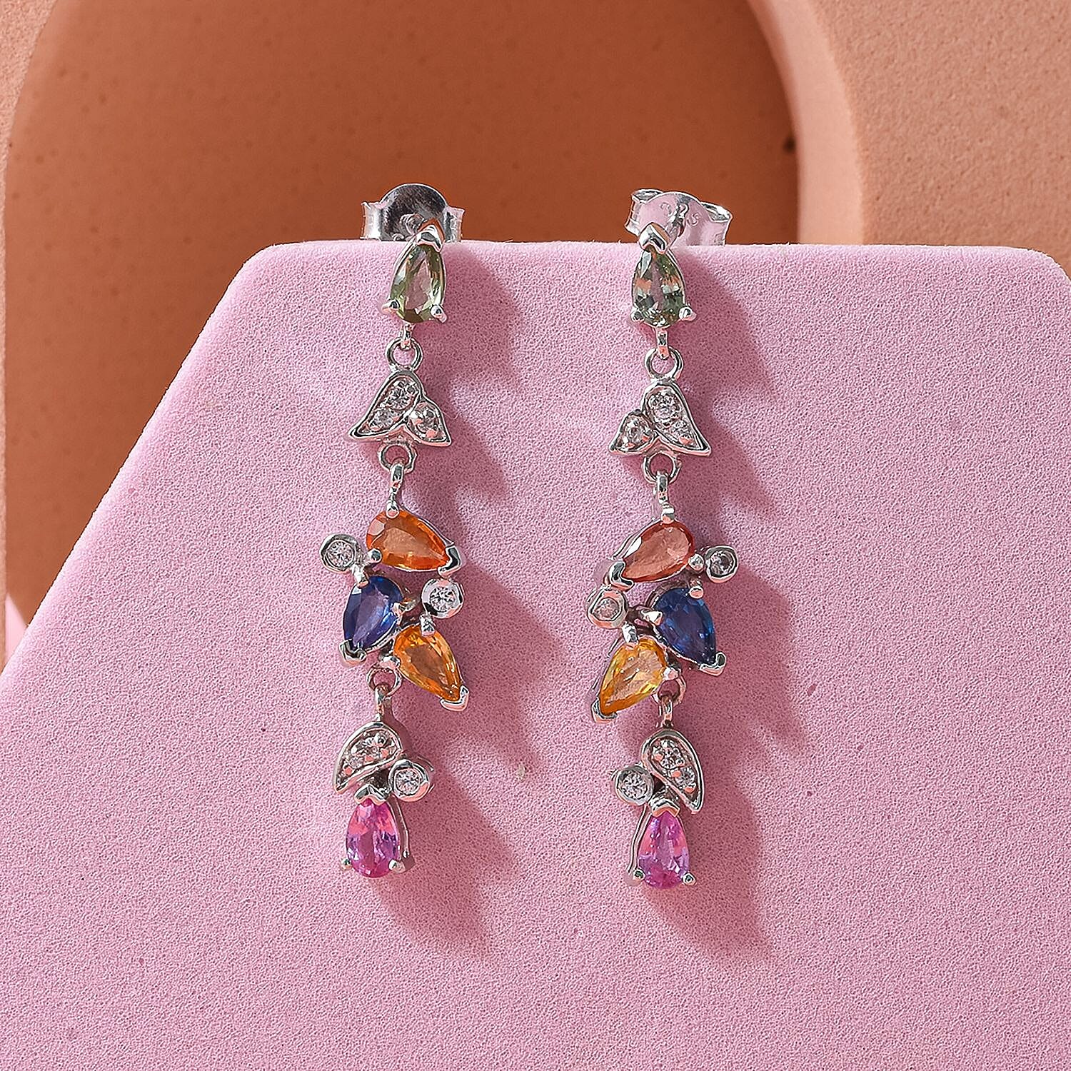 Rainbow Sapphire, Blue Sapphire, Pink Sapphire & White Zircon Earring with Push Back in Rhodium Overlay Sterling Silver 2.64 Ct.