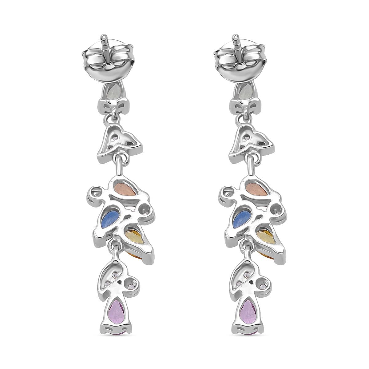 Rainbow Sapphire, Blue Sapphire, Pink Sapphire & White Zircon Earring with Push Back in Rhodium Overlay Sterling Silver 2.64 Ct.