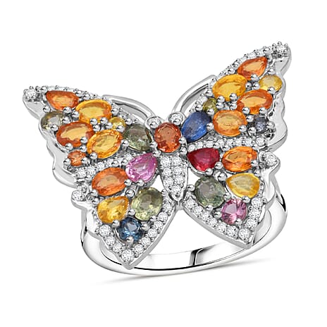 Rainbow Sapphire, Blue Sapphire, Pink Sapphire & White Zircon Ring in Rhodium Overlay Sterling Silver 5.38 Ct, Silver Wt. 7.00 Gms.