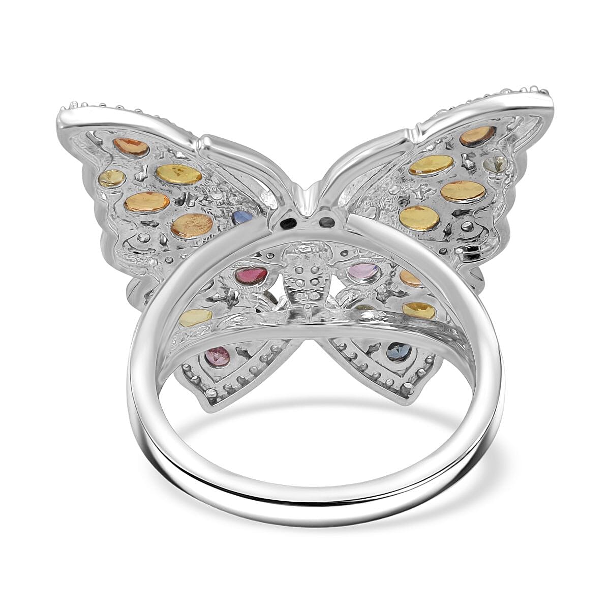 Rainbow Sapphire, Blue Sapphire, Pink Sapphire & White Zircon Ring in Rhodium Overlay Sterling Silver 5.38 Ct, Silver Wt. 7.00 Gms.