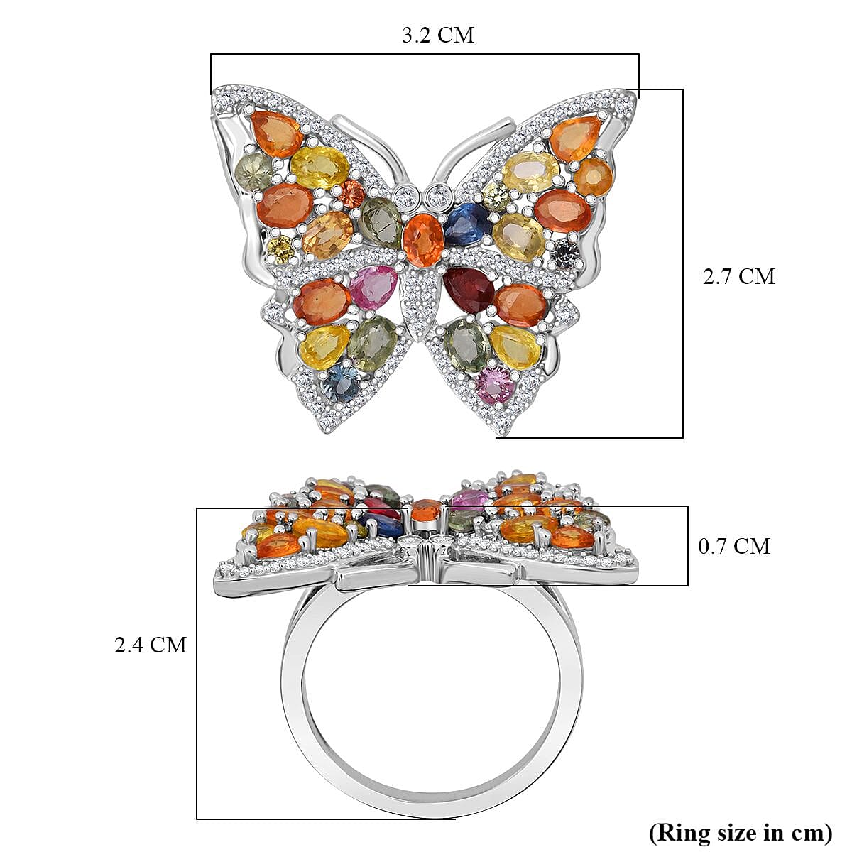 Rainbow Sapphire, Blue Sapphire, Pink Sapphire & White Zircon Ring in Rhodium Overlay Sterling Silver 5.38 Ct, Silver Wt. 7.00 Gms.