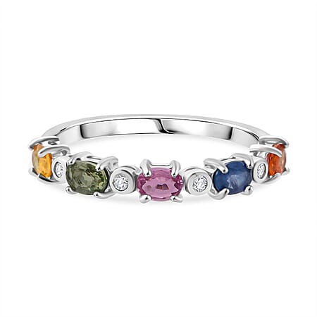 Rainbow Sapphire & White Zircon Ring in Rhodium Overlay Sterling Silver 1.33 Ct.