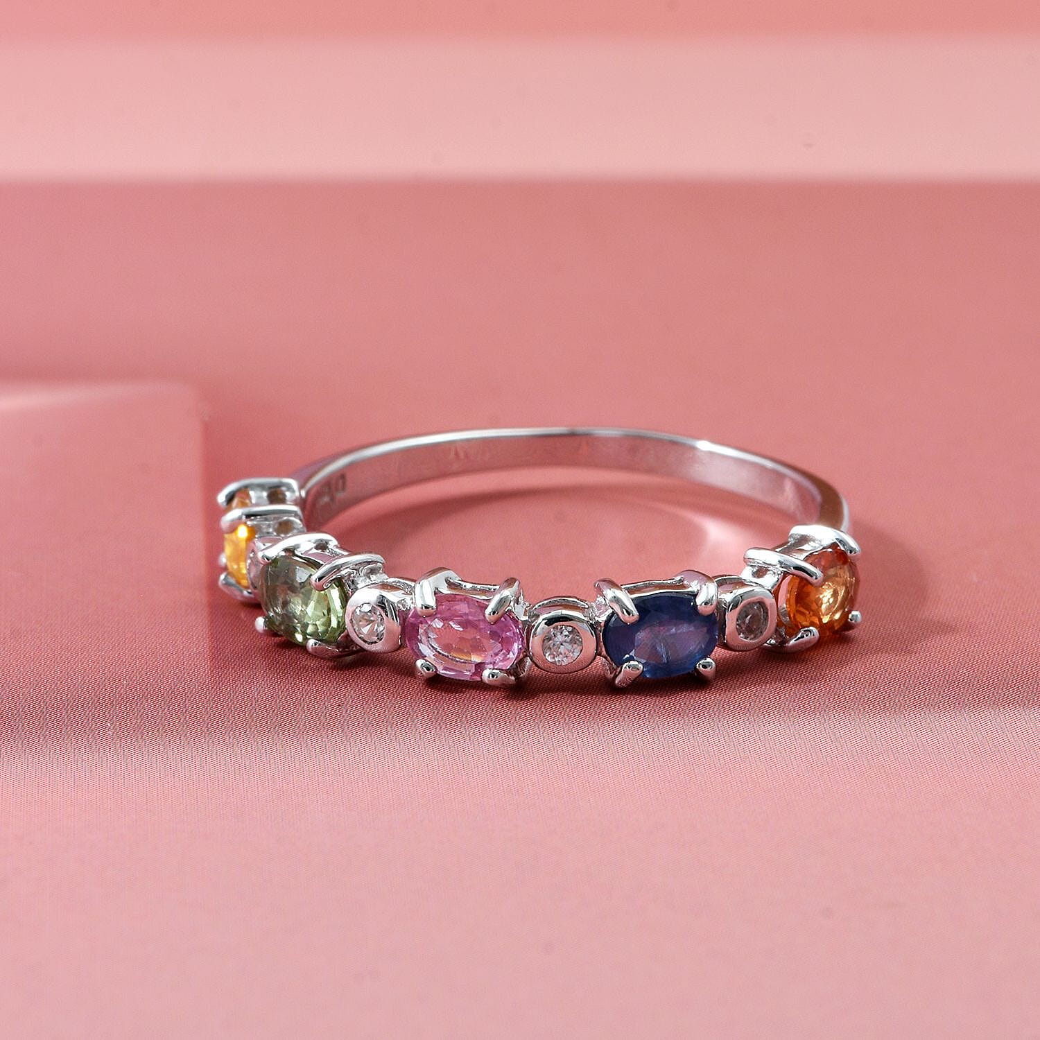 Rainbow Sapphire & White Zircon Ring in Rhodium Overlay Sterling Silver 1.33 Ct.