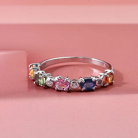 Rainbow Sapphire & White Zircon Ring in Rhodium Overlay Sterling Silver 1.33 Ct.