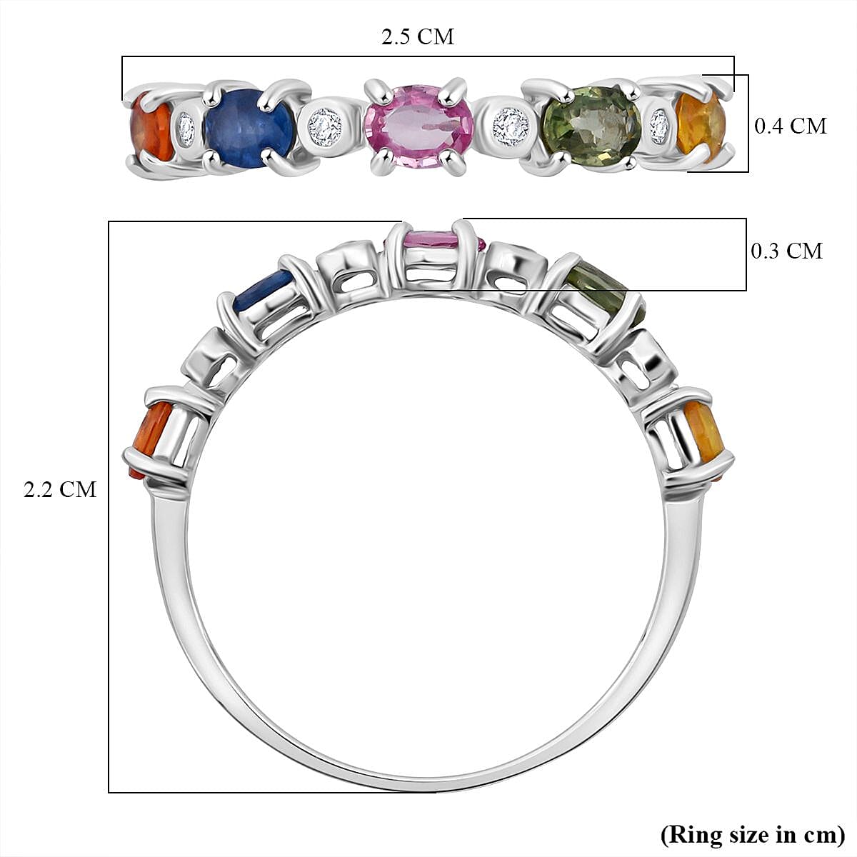 Rainbow Sapphire & White Zircon Ring in Rhodium Overlay Sterling Silver 1.33 Ct.