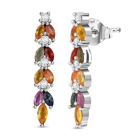 Rainbow Sapphire & Multi Gemstones Earring with Push Back in Rhodium Overlay Sterling Silver 2.40 Ct.