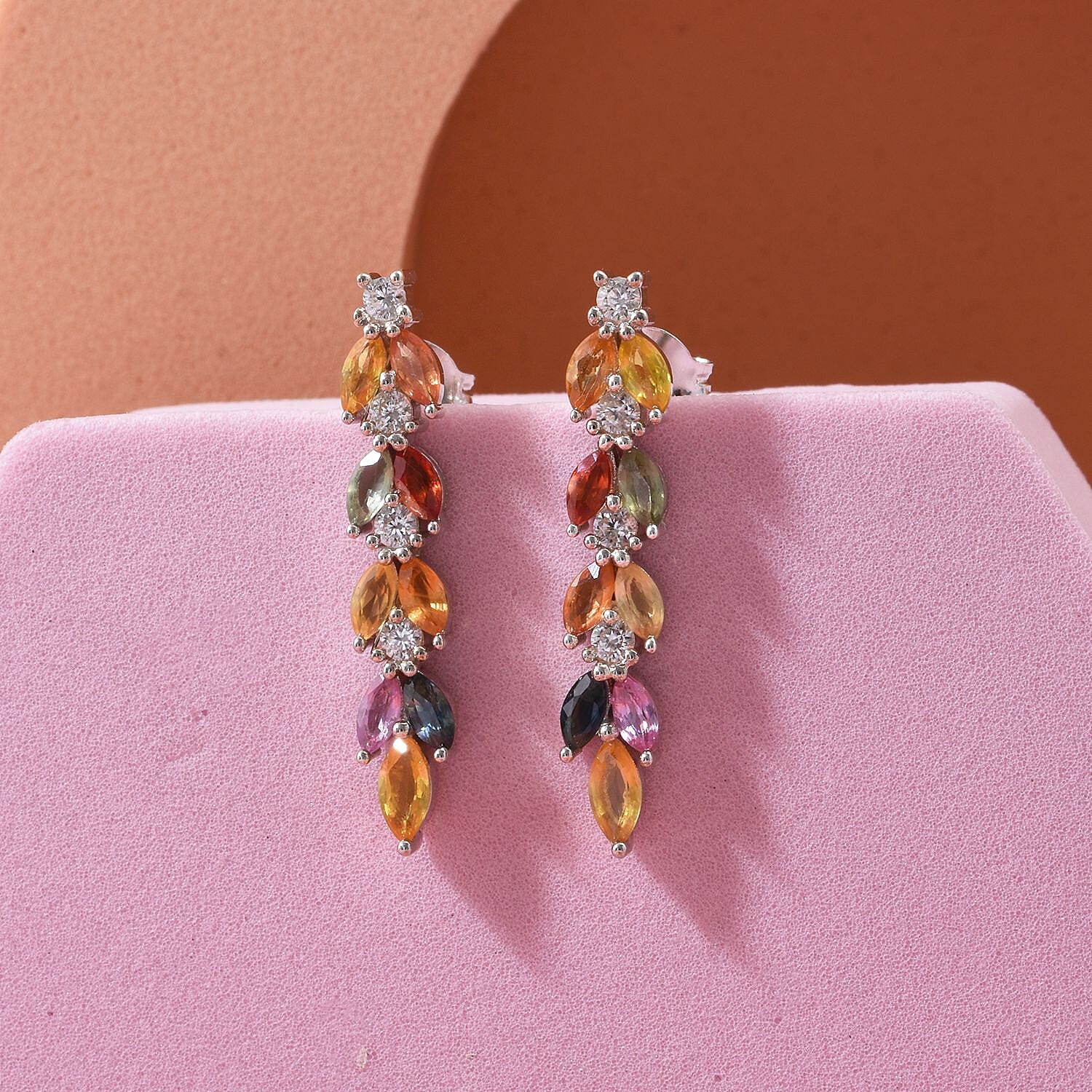 Rainbow Sapphire & Multi Gemstones Earring with Push Back in Rhodium Overlay Sterling Silver 2.40 Ct.