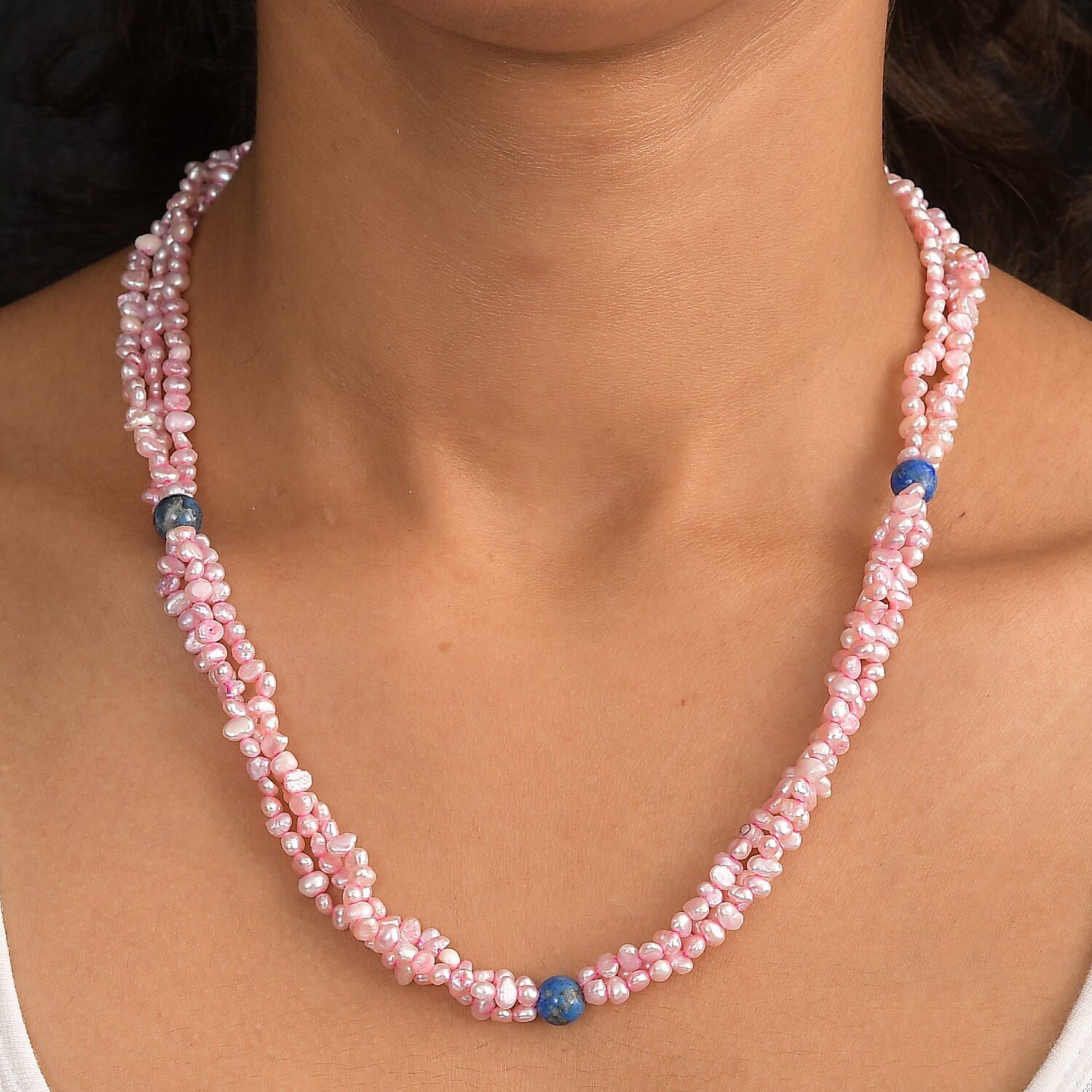 Dyed Pink Fresh Water Pearl & Sodalite Stone Necklace (Size 34) 280.00 Ct.