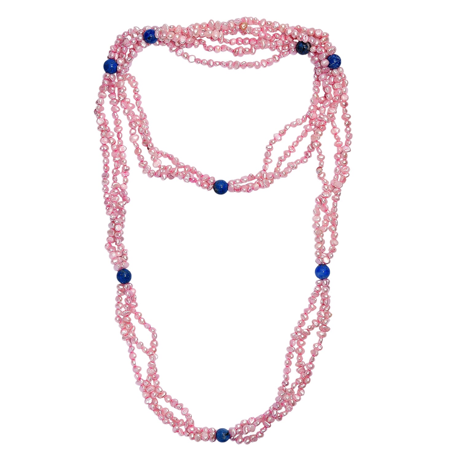 Dyed Pink Fresh Water Pearl & Sodalite Stone Necklace (Size 34) 280.00 Ct.