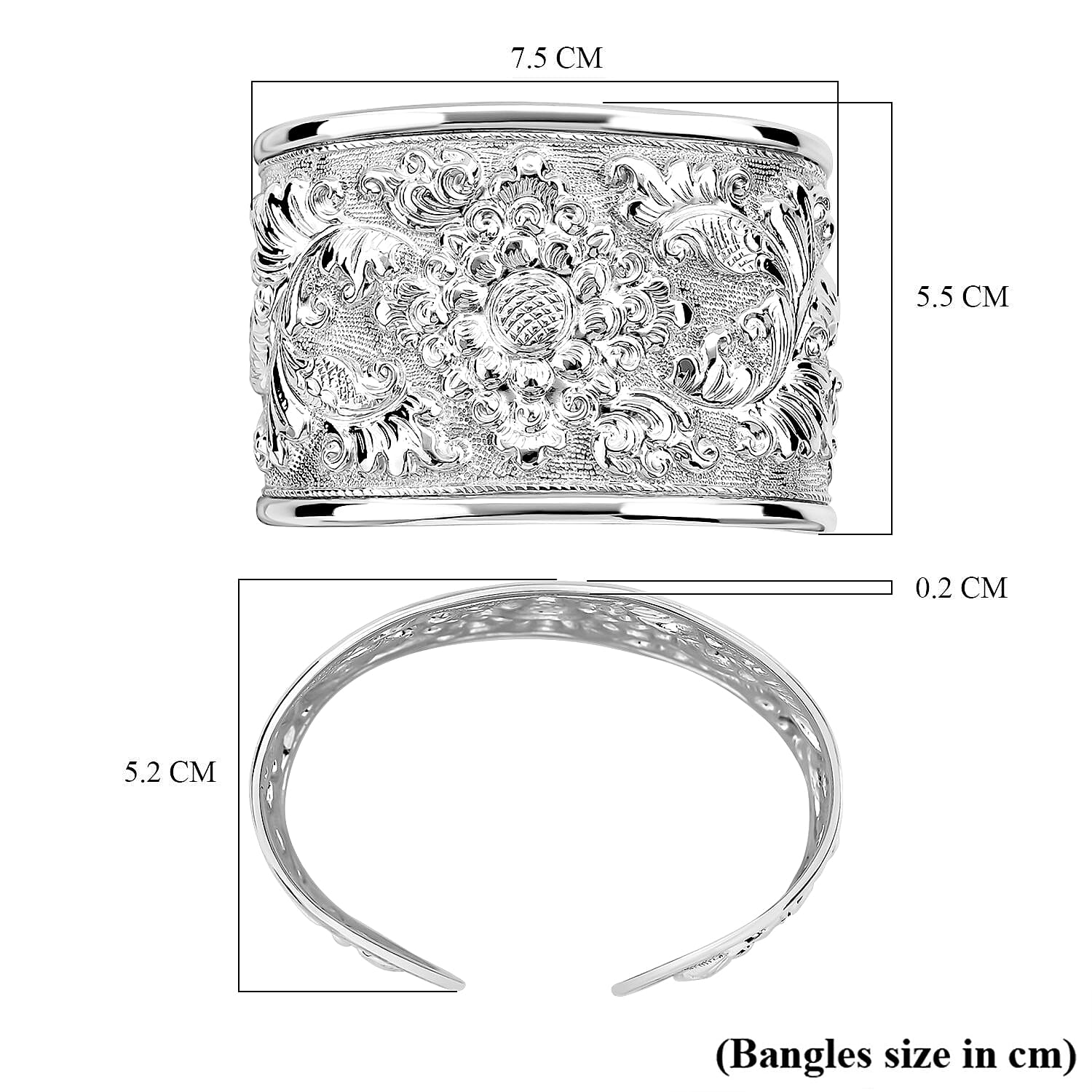 Royal Bali Collection - Sterling Silver Handmade Cuff Bangle (Size 7.5), Silver Wt. 28.95 Gms.