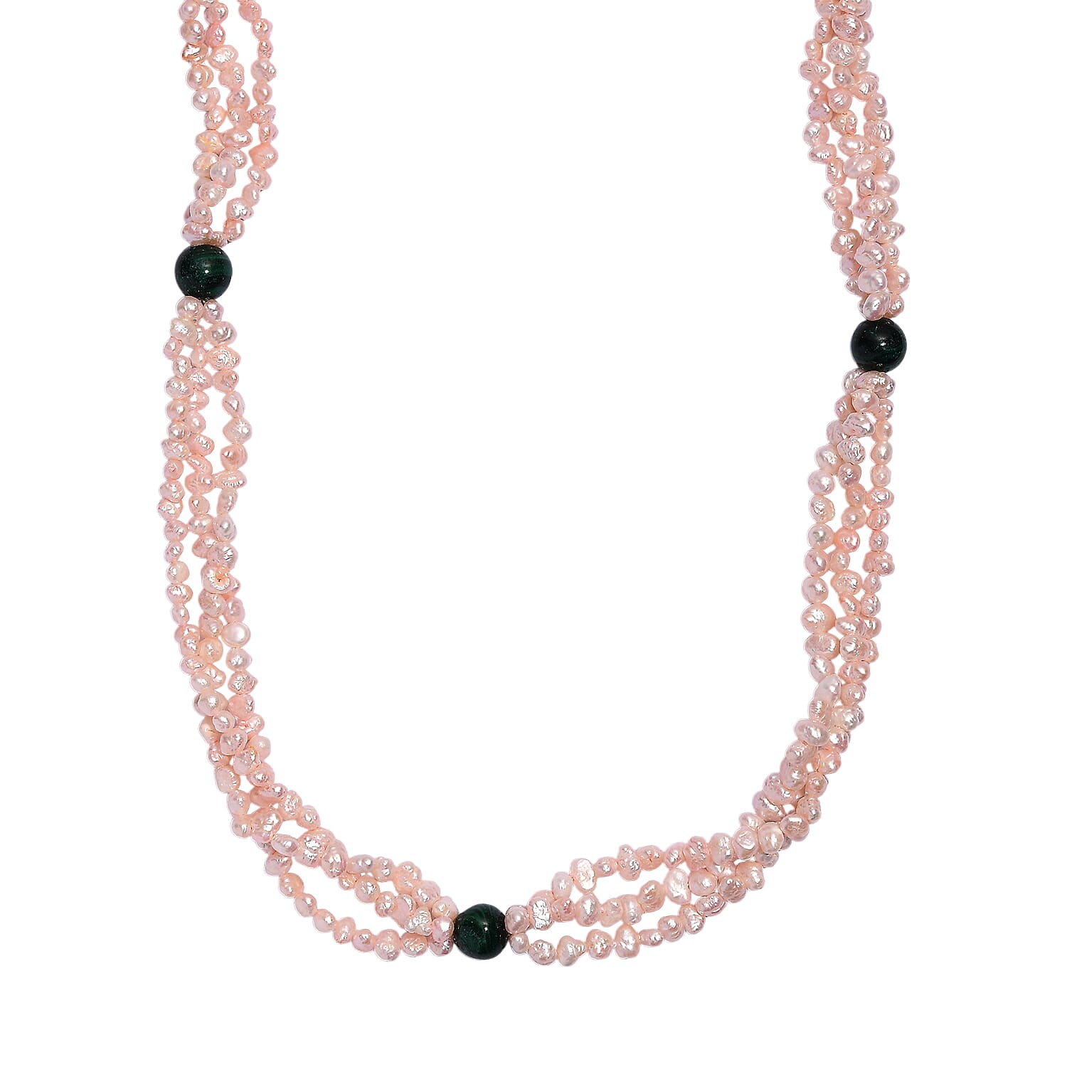 Light Pick Dyed Pearl & Malachite Stone Endless Necklace (Size 34) 280.00 Ct.