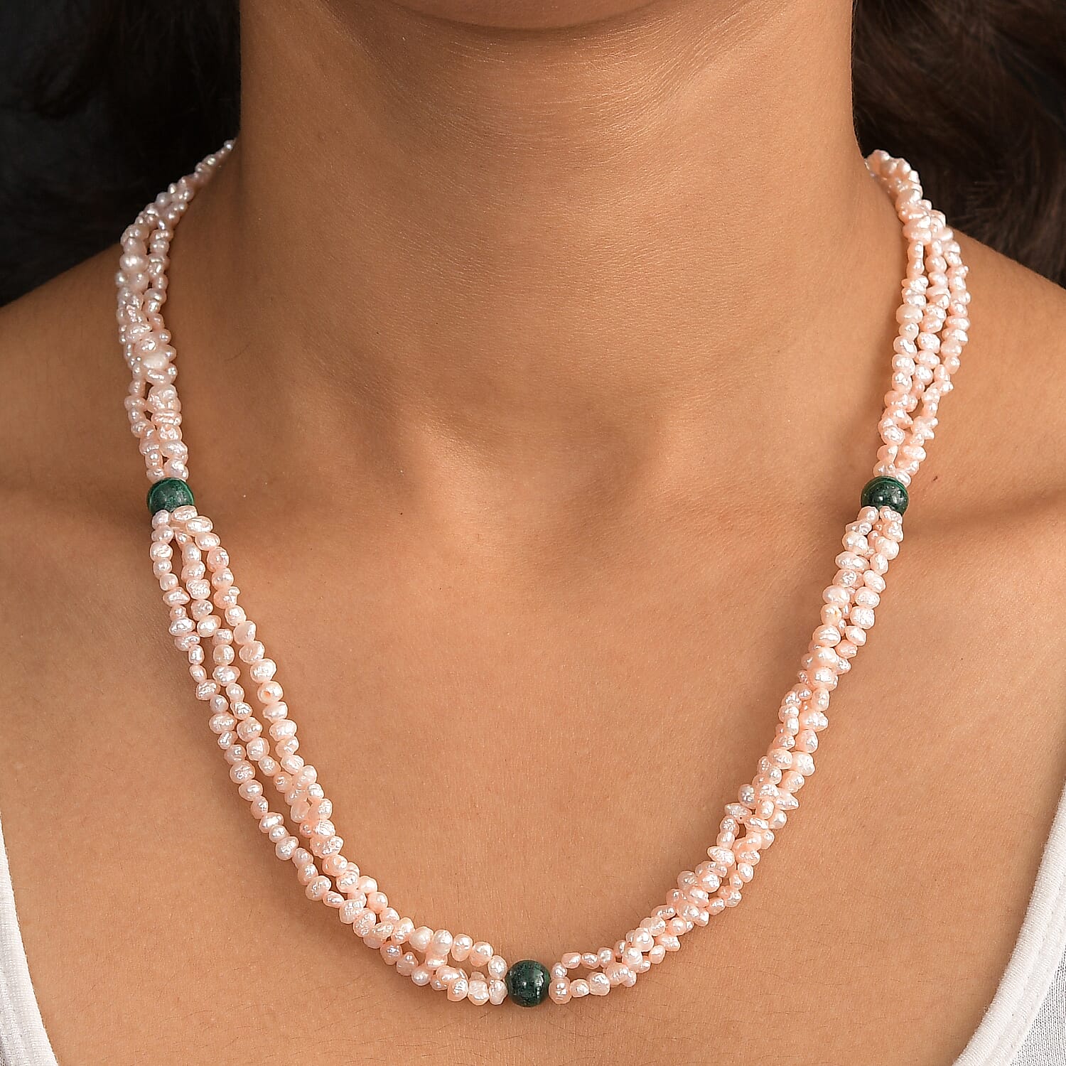 Light Pick Dyed Pearl & Malachite Stone Endless Necklace (Size 34) 280.00 Ct.