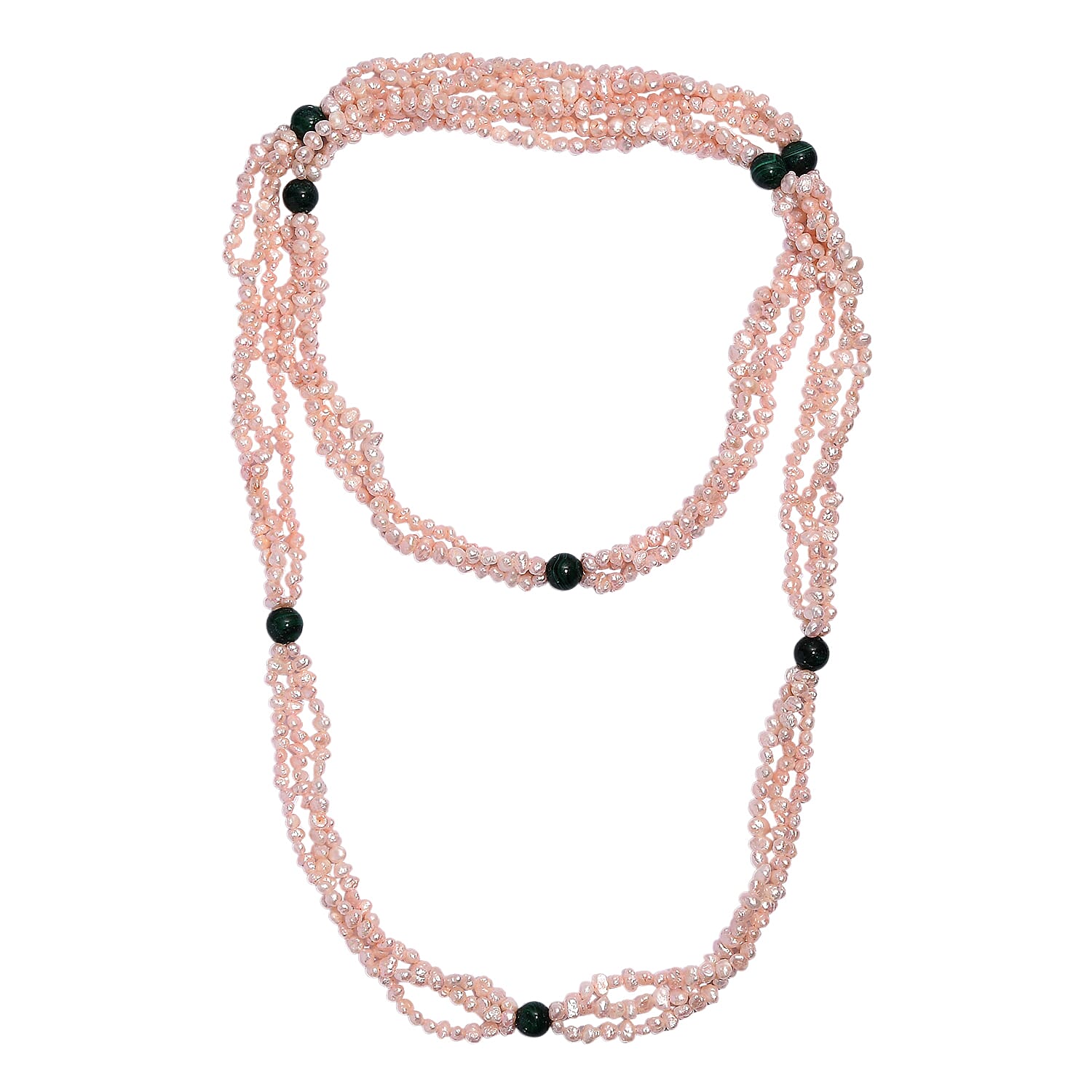 Light Pick Dyed Pearl & Malachite Stone Endless Necklace (Size 34) 280.00 Ct.