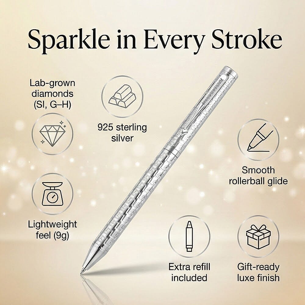 Luxuriant Lab Grown (SI G-H) Diamond Pen, 925 Silver,  9g, Roller Ballpoint Pen with 1 Extra Refill