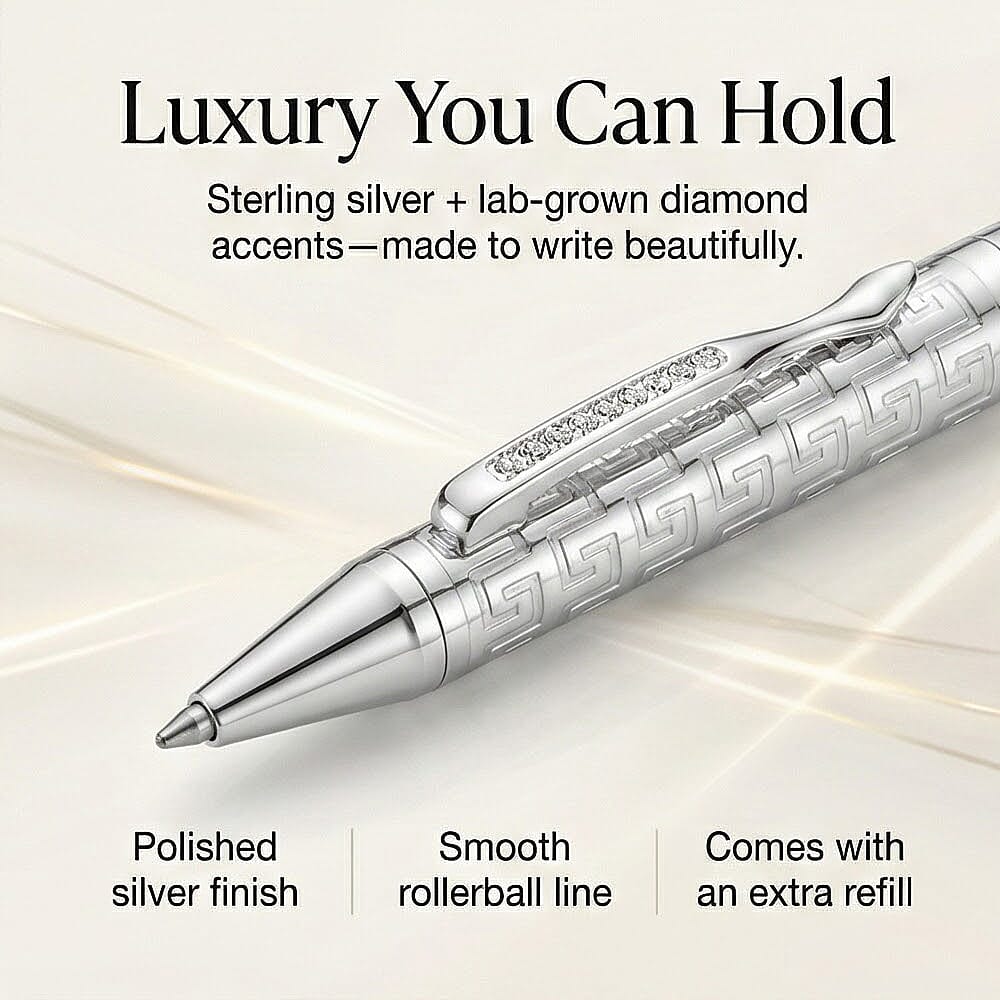Luxuriant Lab Grown (SI G-H) Diamond Pen, 925 Silver,  9g, Roller Ballpoint Pen with 1 Extra Refill