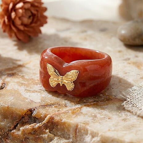 24K Yellow Gold Dyed Red Jade Butterfly Ring 30 Ct.
