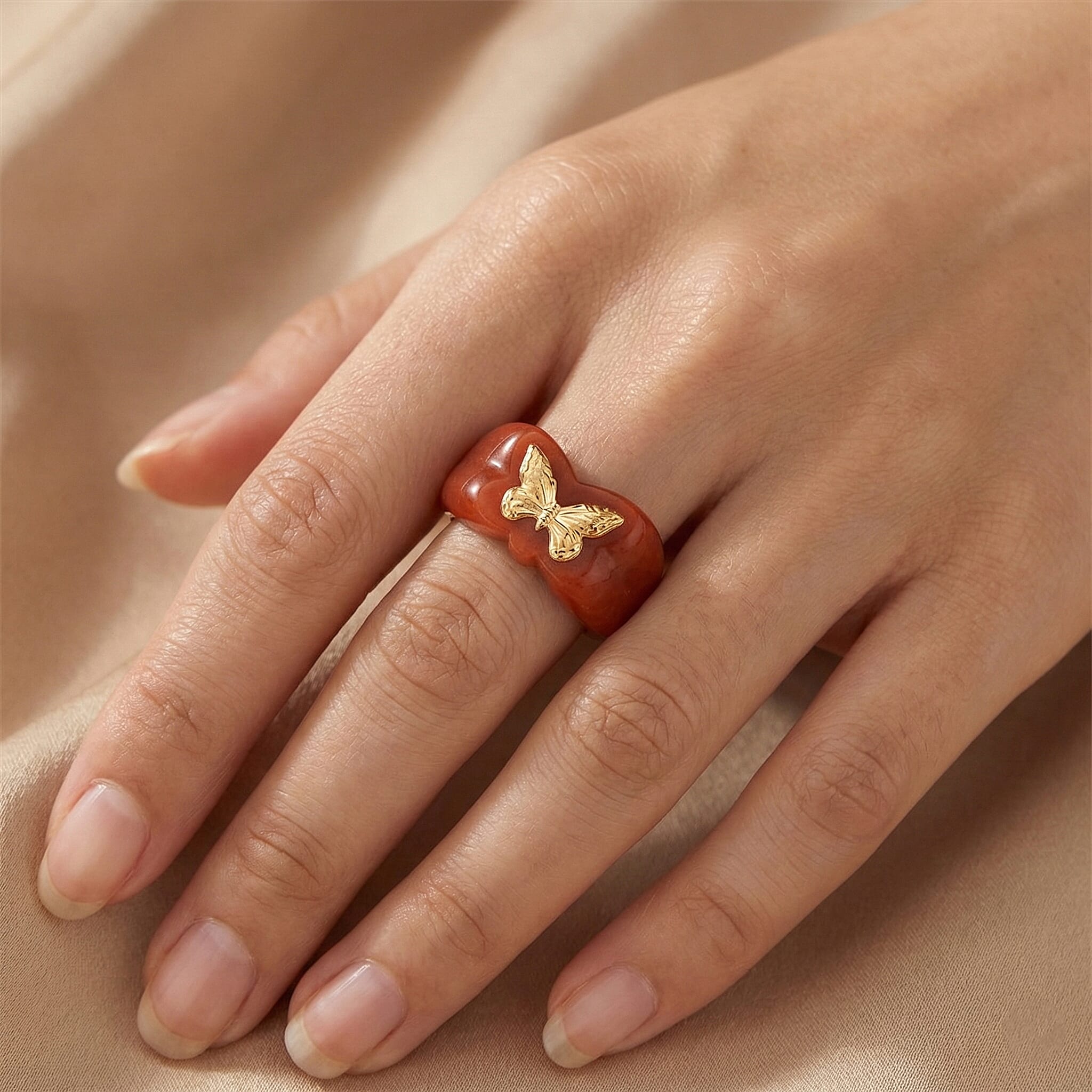 24K Yellow Gold Dyed Red Jade Butterfly Ring 30 Ct.