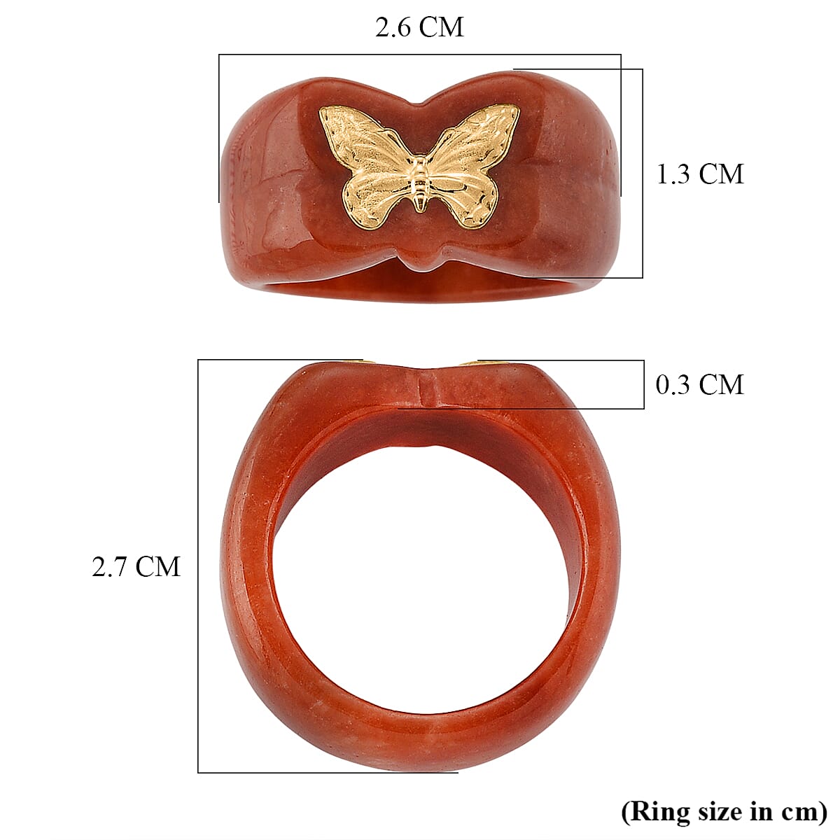24K Yellow Gold Dyed Red Jade Butterfly Ring 30 Ct.