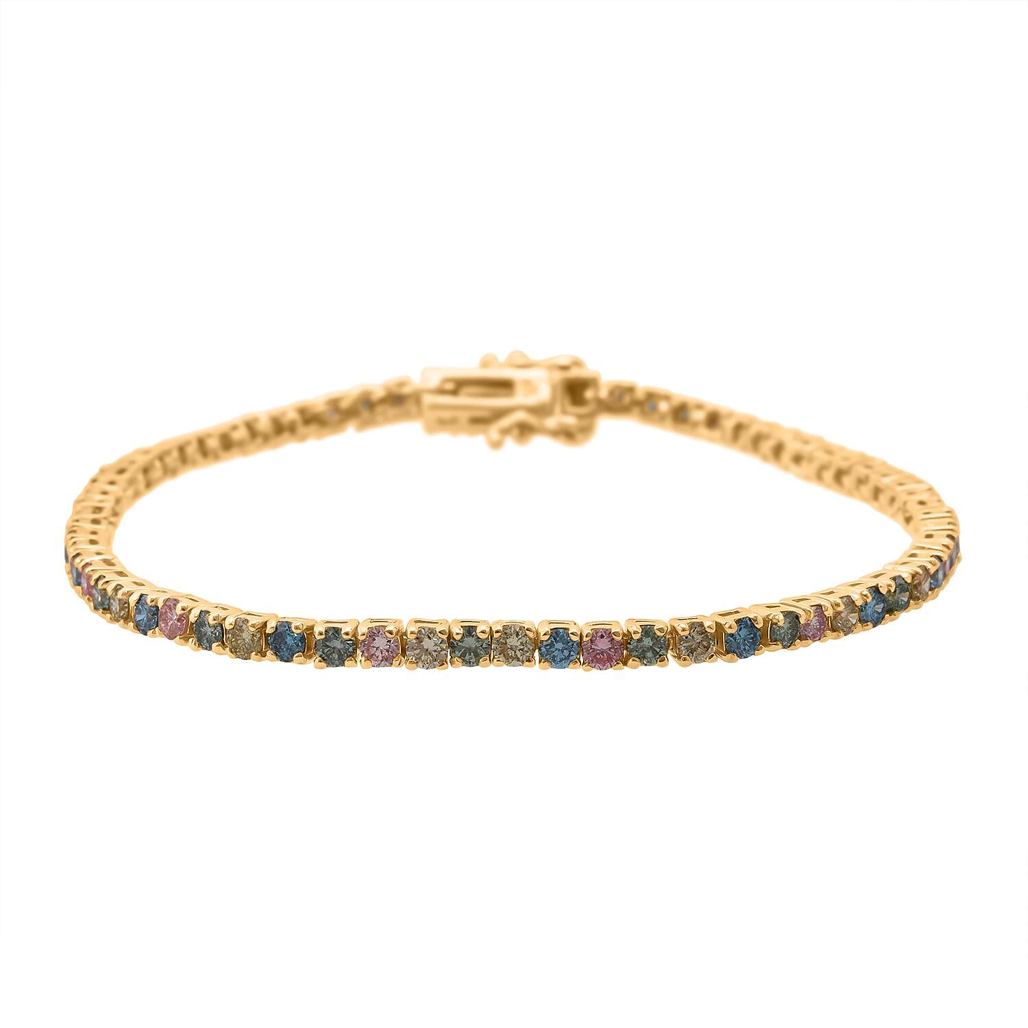 First Time Ever - Luxuriant Multi Colour Lab Grown Diamond Bracelet (Size 7.5) in 18K Vermeil Yellow Gold Plated Sterling Silver 4.04 Ct, Silver Wt. 8.00 Gms.