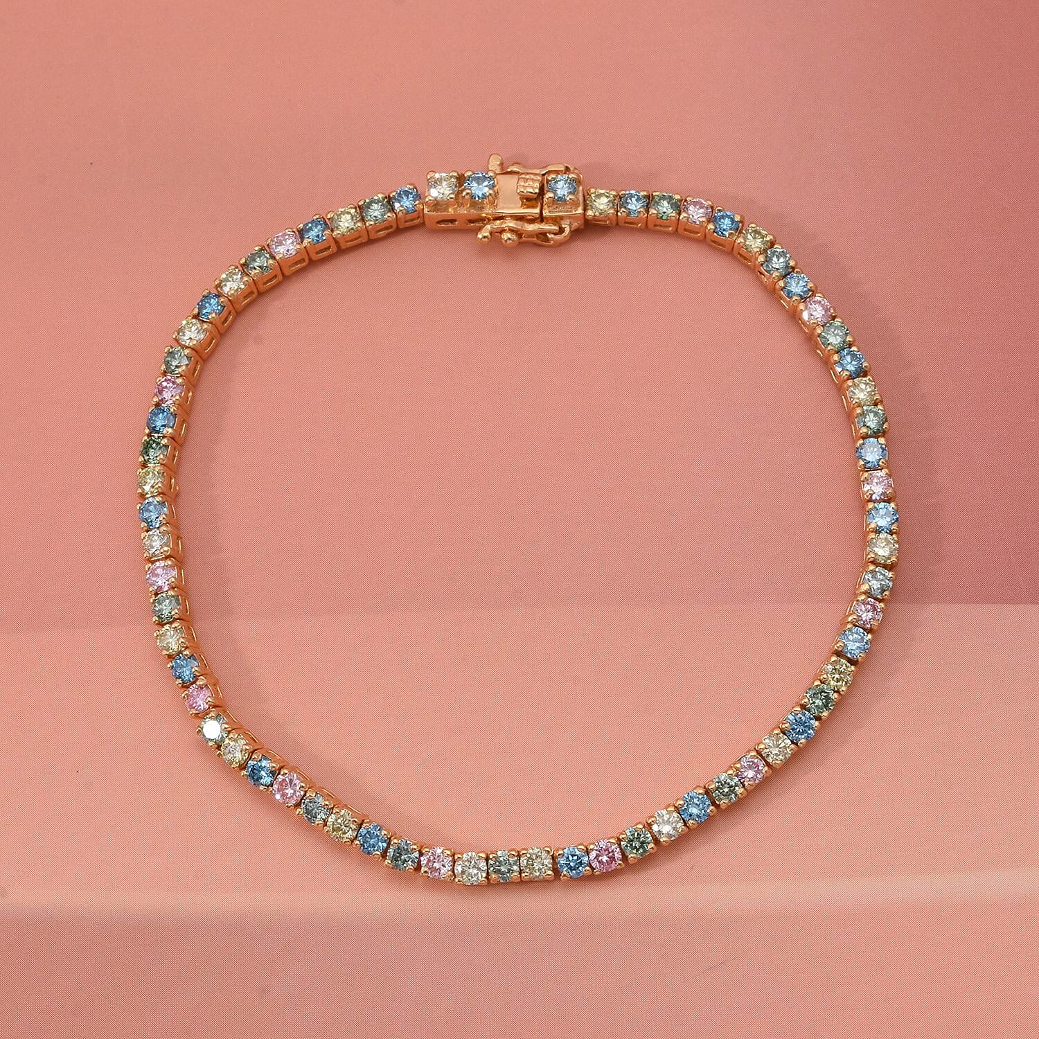 First Time Ever - Luxuriant Multi Colour Lab Grown Diamond Bracelet (Size 7.5) in 18K Vermeil Yellow Gold Plated Sterling Silver 4.04 Ct, Silver Wt. 8.00 Gms.